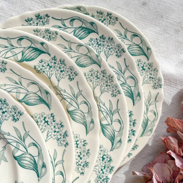 Lot de 6 Assiettes Plates Anciennes Terre de Fer ''Lilas'' Longchamp XIXe