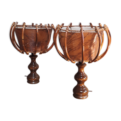 Duo de lampes en osier scandinave 1960