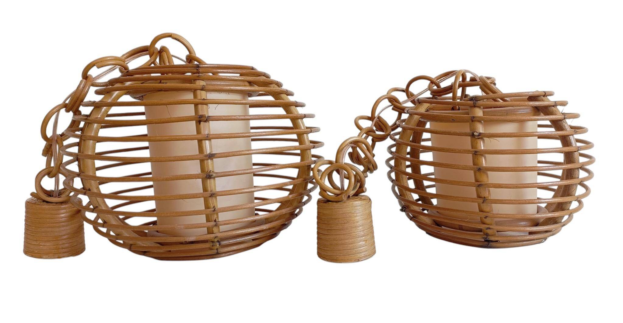 Mid-Century Globe Pendant Lamps, Bamboo & Rattan, c. 1960s