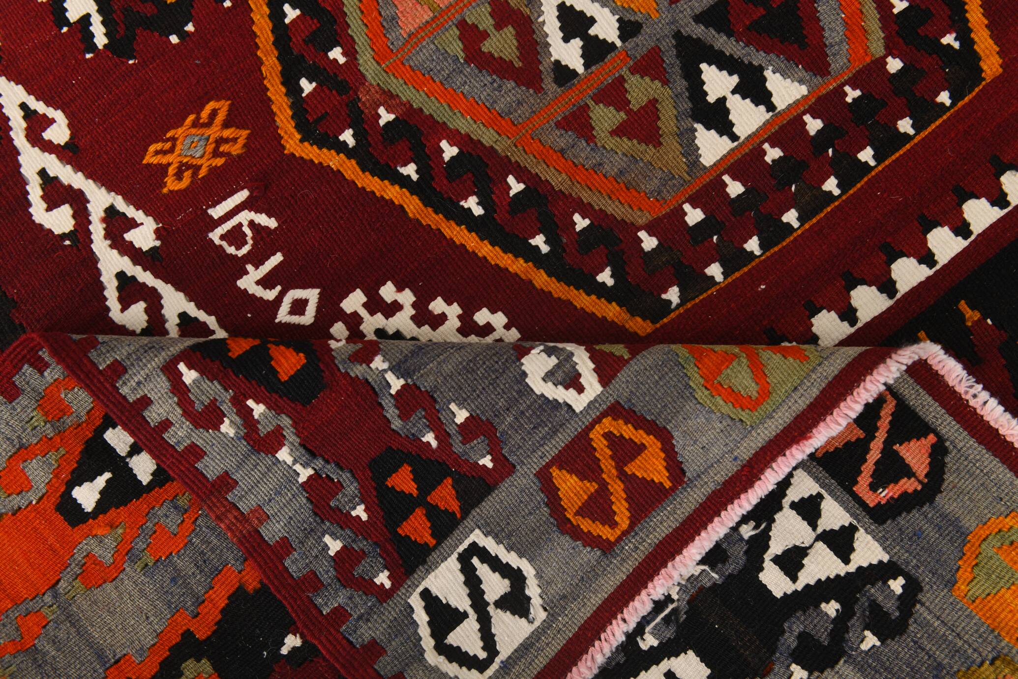 6x15 Wine Red & Green Vintage Kilim Rug, 198x468Cm