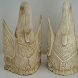 Two wall lamps in carved and lacquered cream wood, representing swans
