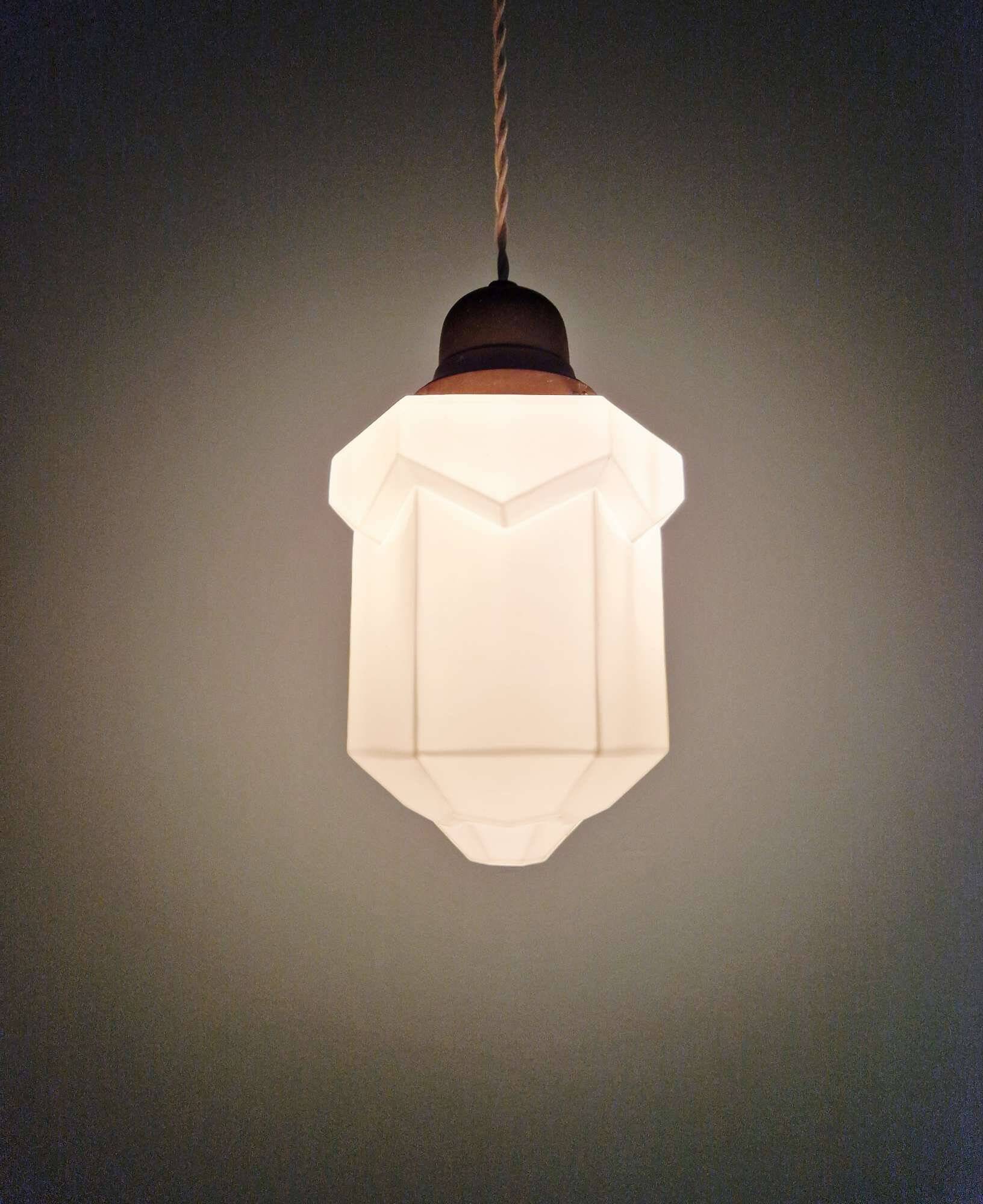Art Deco skyscraper pendant lamp in white opaline, 1920-30