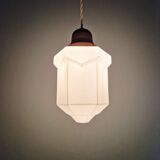 Art Deco skyscraper pendant lamp in white opaline, 1920-30