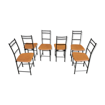 Dining chairs in brown leather and aluminum by ycami, 1980