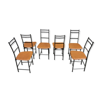 Dining chairs in brown leather and aluminum by ycami, 1980