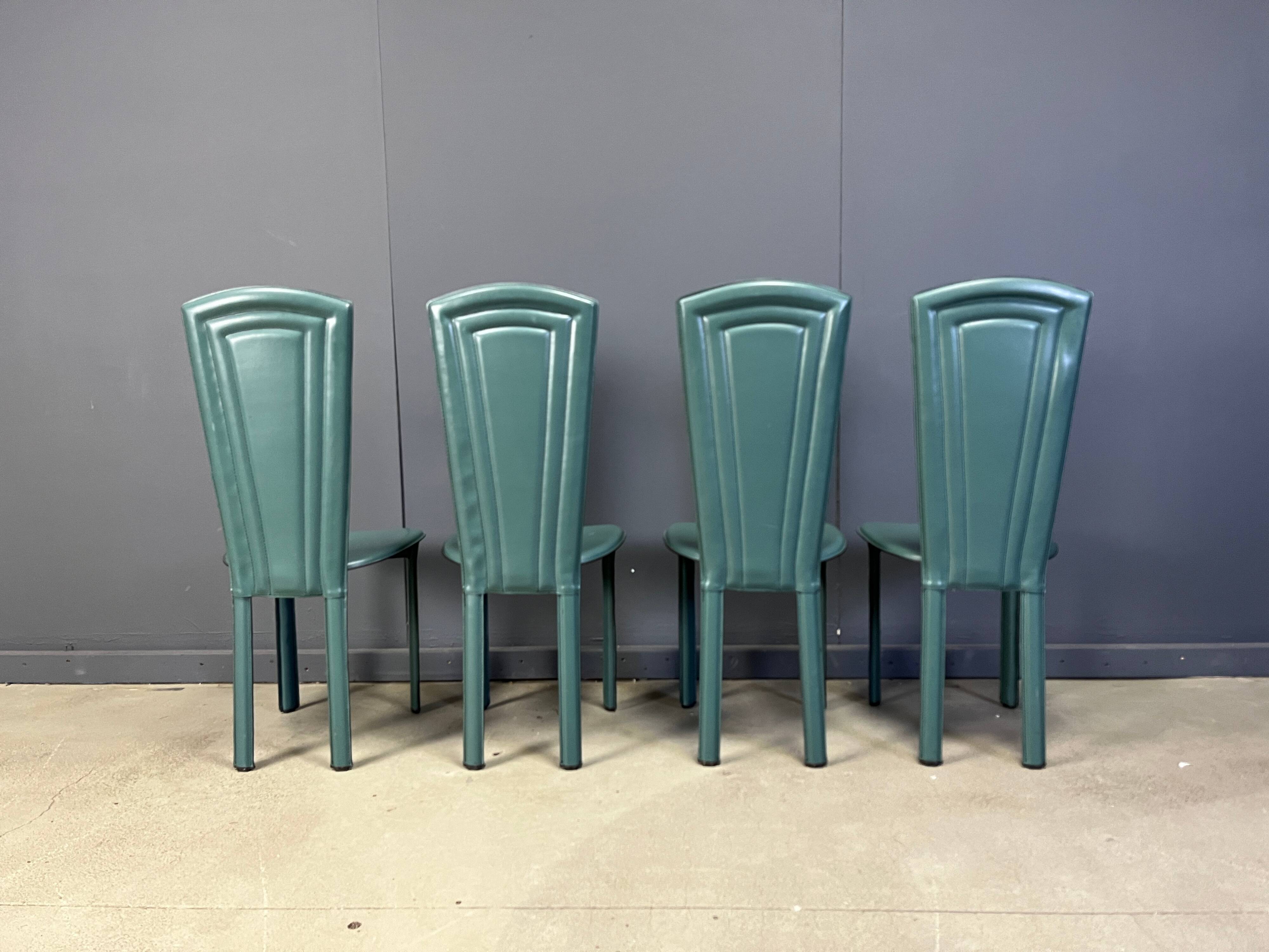Vintage green leather dining chairs, 1980s - set of 4