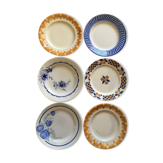 Six dinner plates old mismatched in orange and blue
