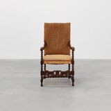 18th-Century Belgian Baroque Armchair in Wood and Leather, Louis XIV Period