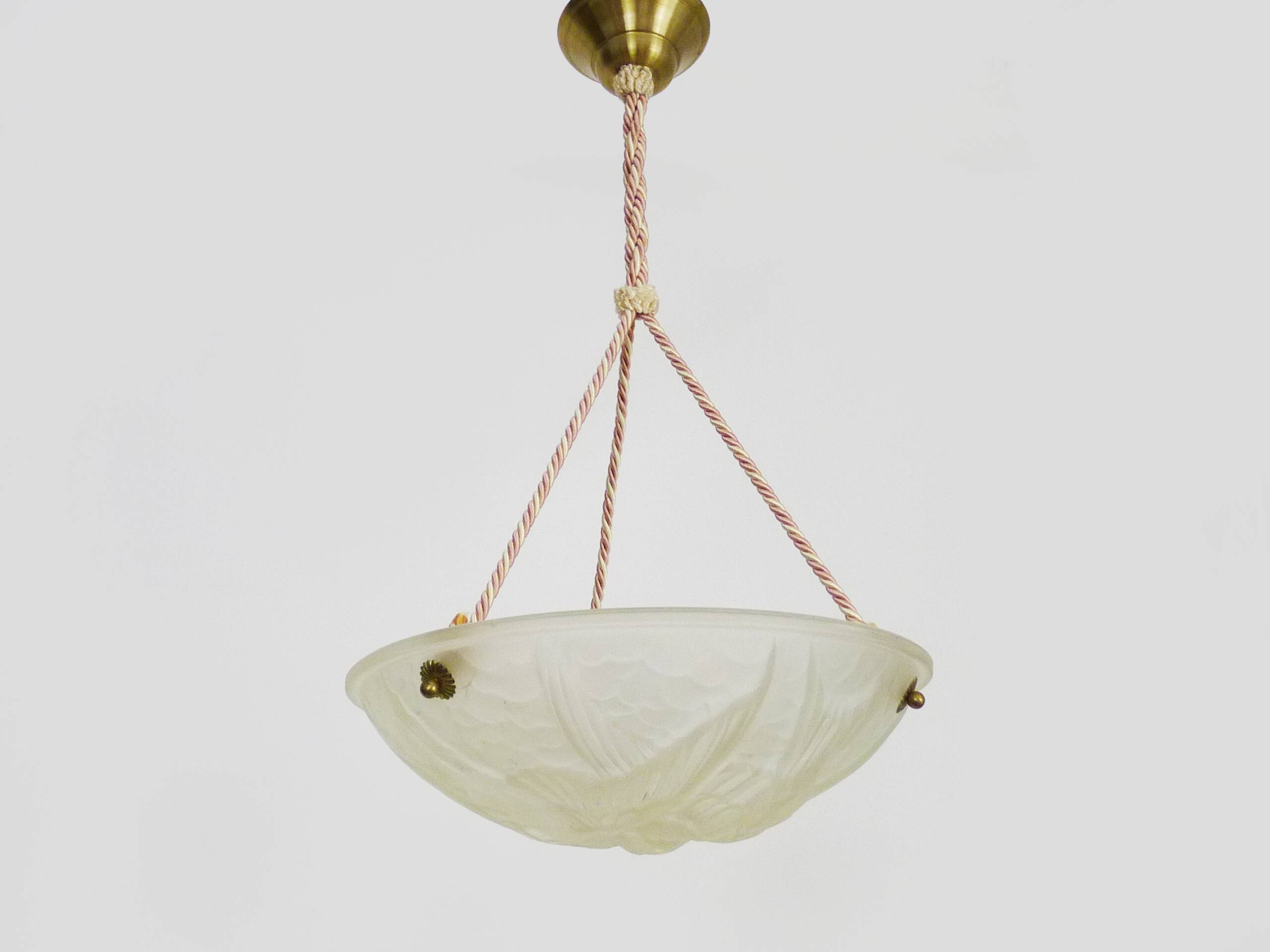 Ancien lustre, suspension vasque Art Déco 1 Feu, en pâte de verre, décor oiseaux. Années 30