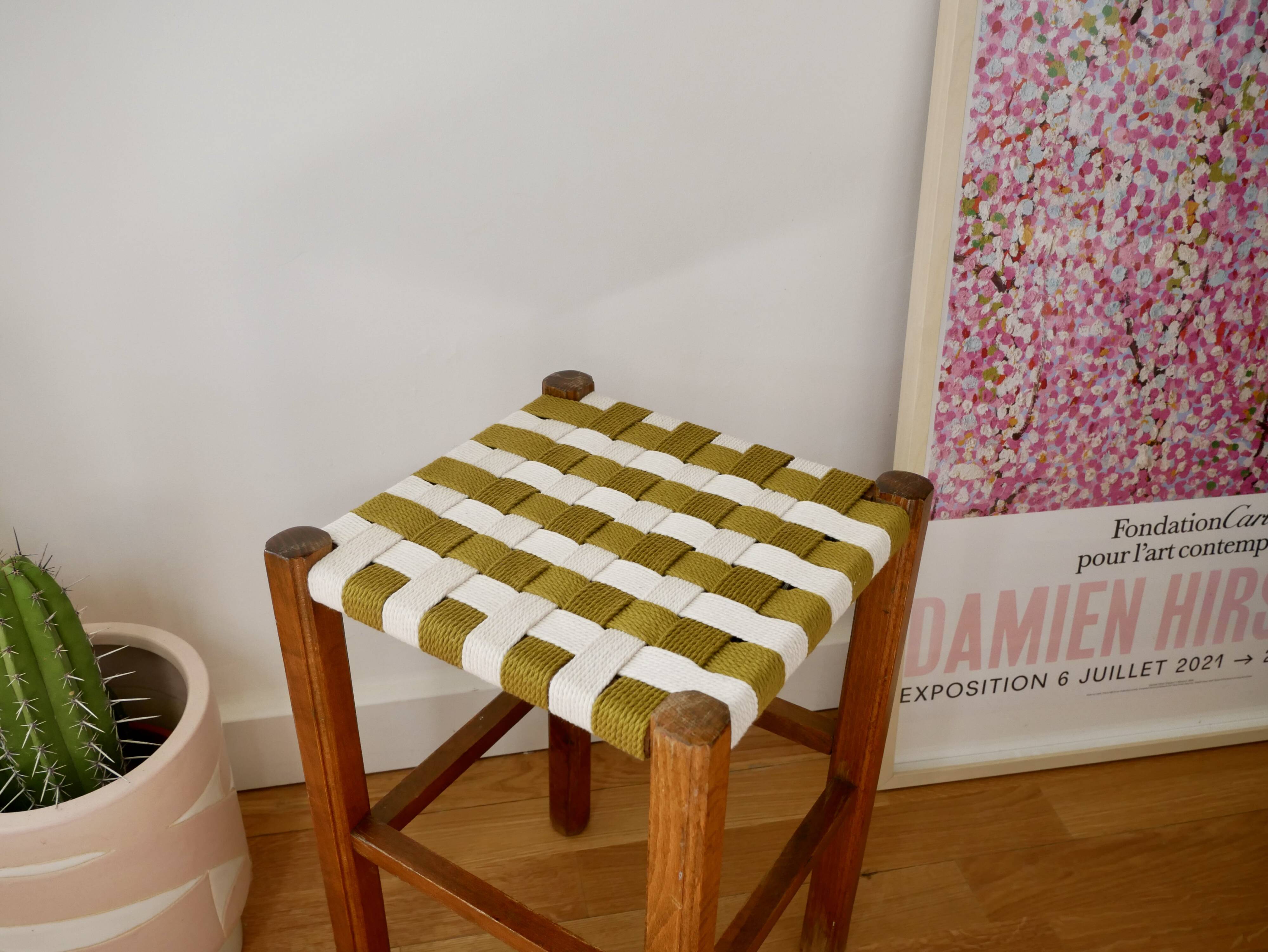Wooden stool. Vintage stool. woven stool