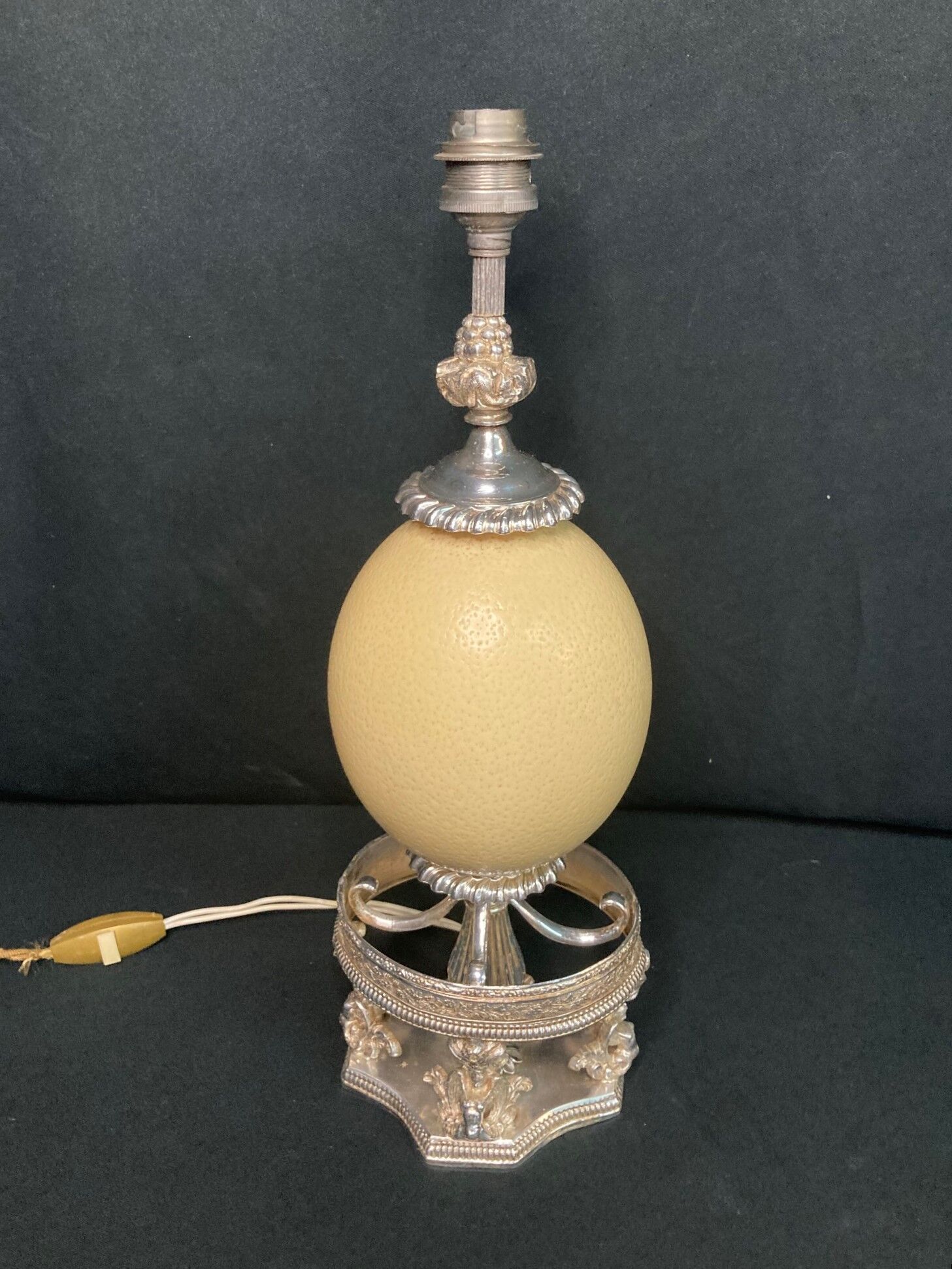 Old lamp foot silver metal and ostrich egg late nineteenth century