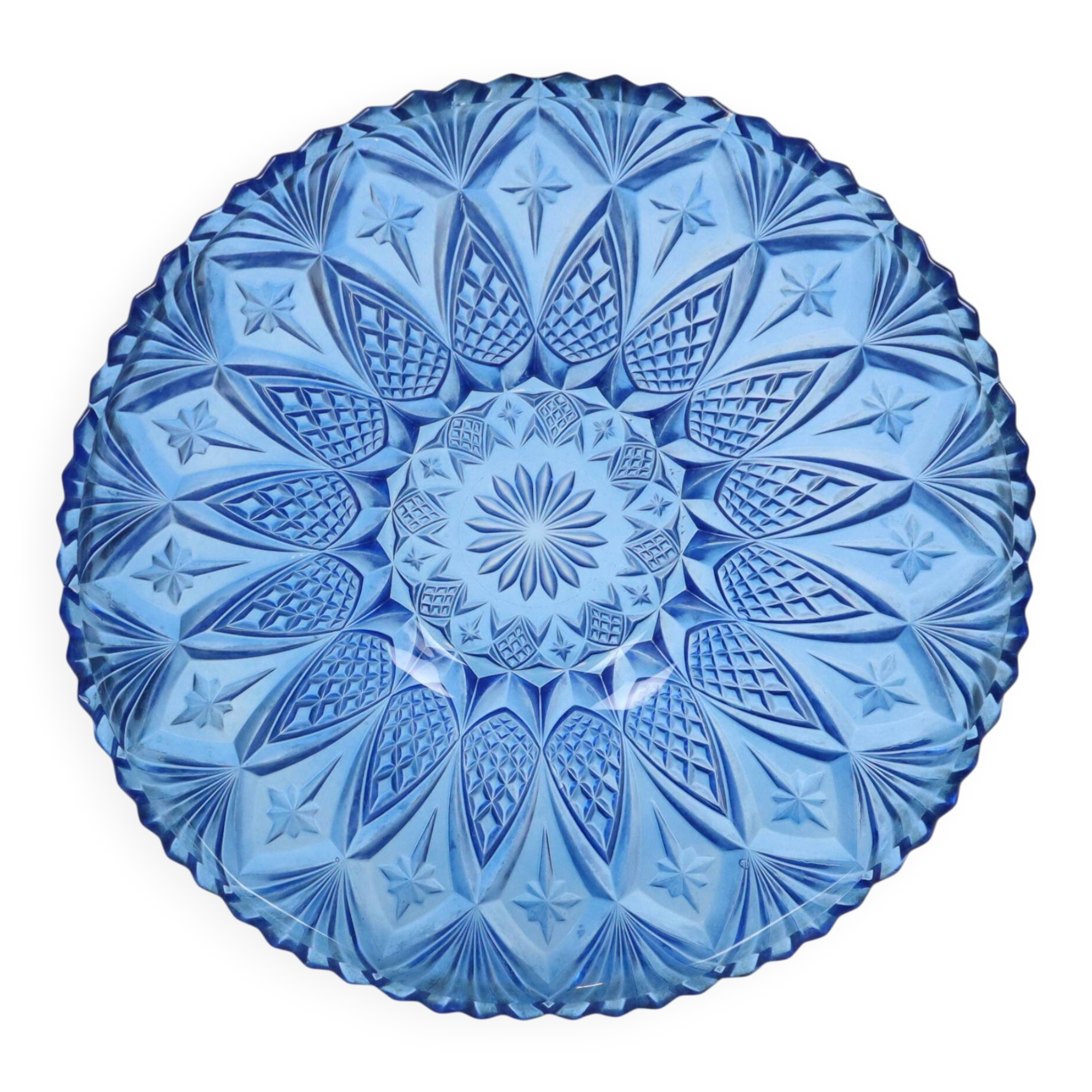 Coupe à fruits en verre pressé bleu, France