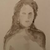 Tableau signé aquarelle monochrome sépia portrait féminin «  dans les yeux »