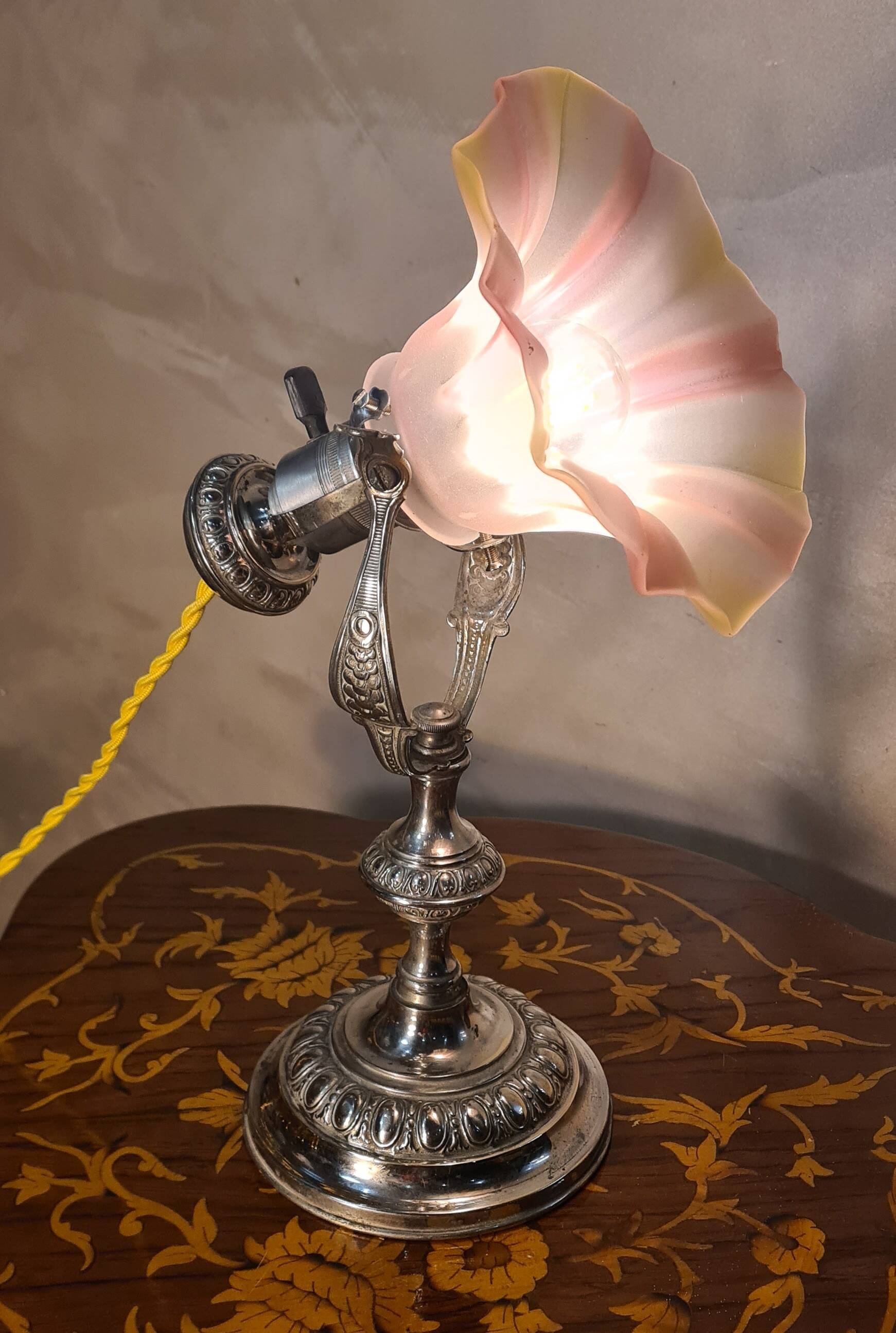 Art Nouveau nickel-plated bronze marine lamp, tri-color opaline tulip shade, 33x