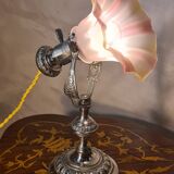 Art Nouveau nickel-plated bronze marine lamp, tri-color opaline tulip shade, 33x