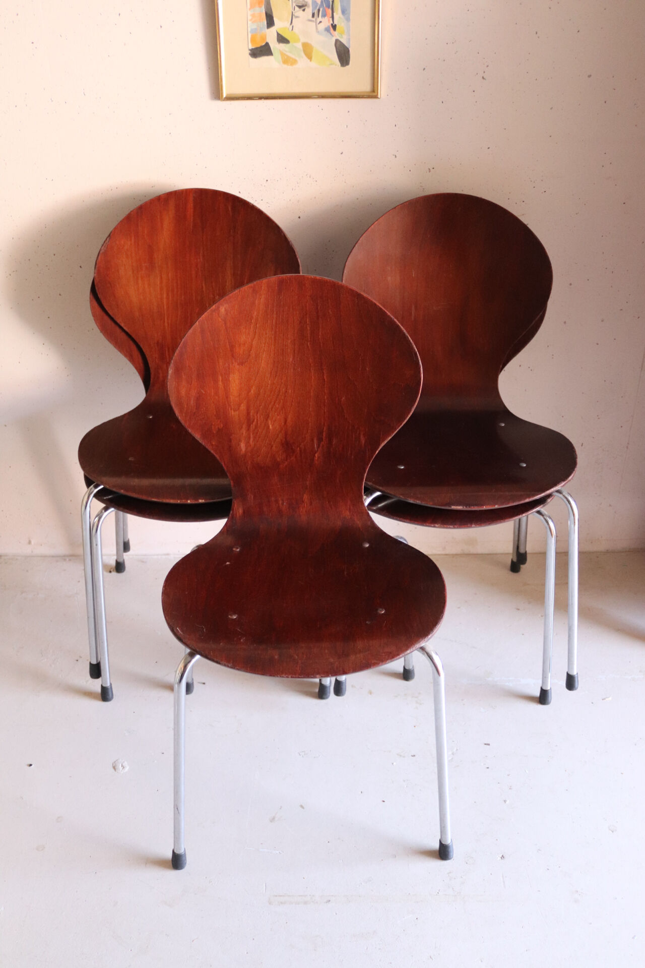 5 chaises style fourmi en contreplaqué moulé et métal chromé, esprit s