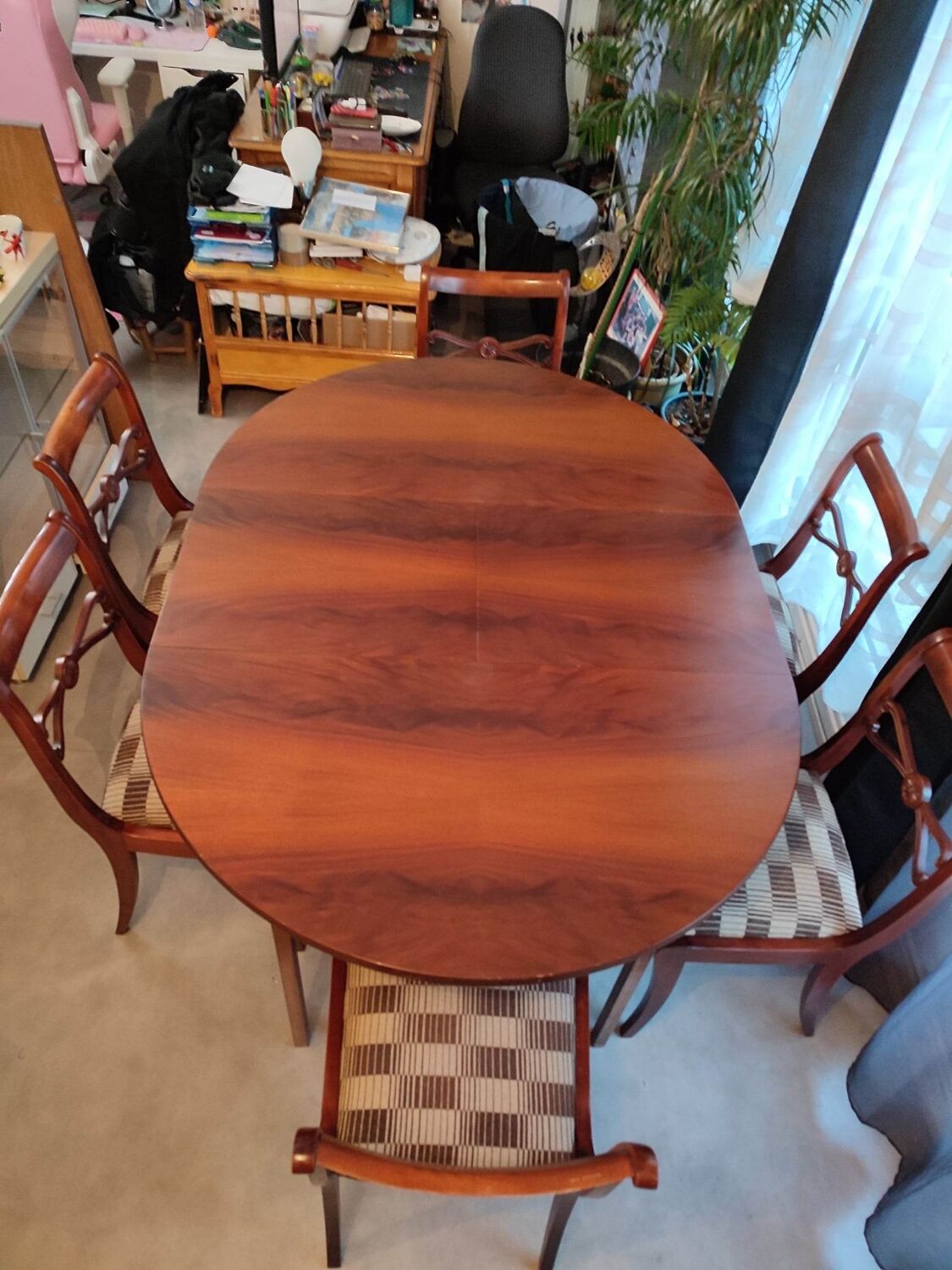 Table + extensions and chairs Gerbeau mahogany vintage wood