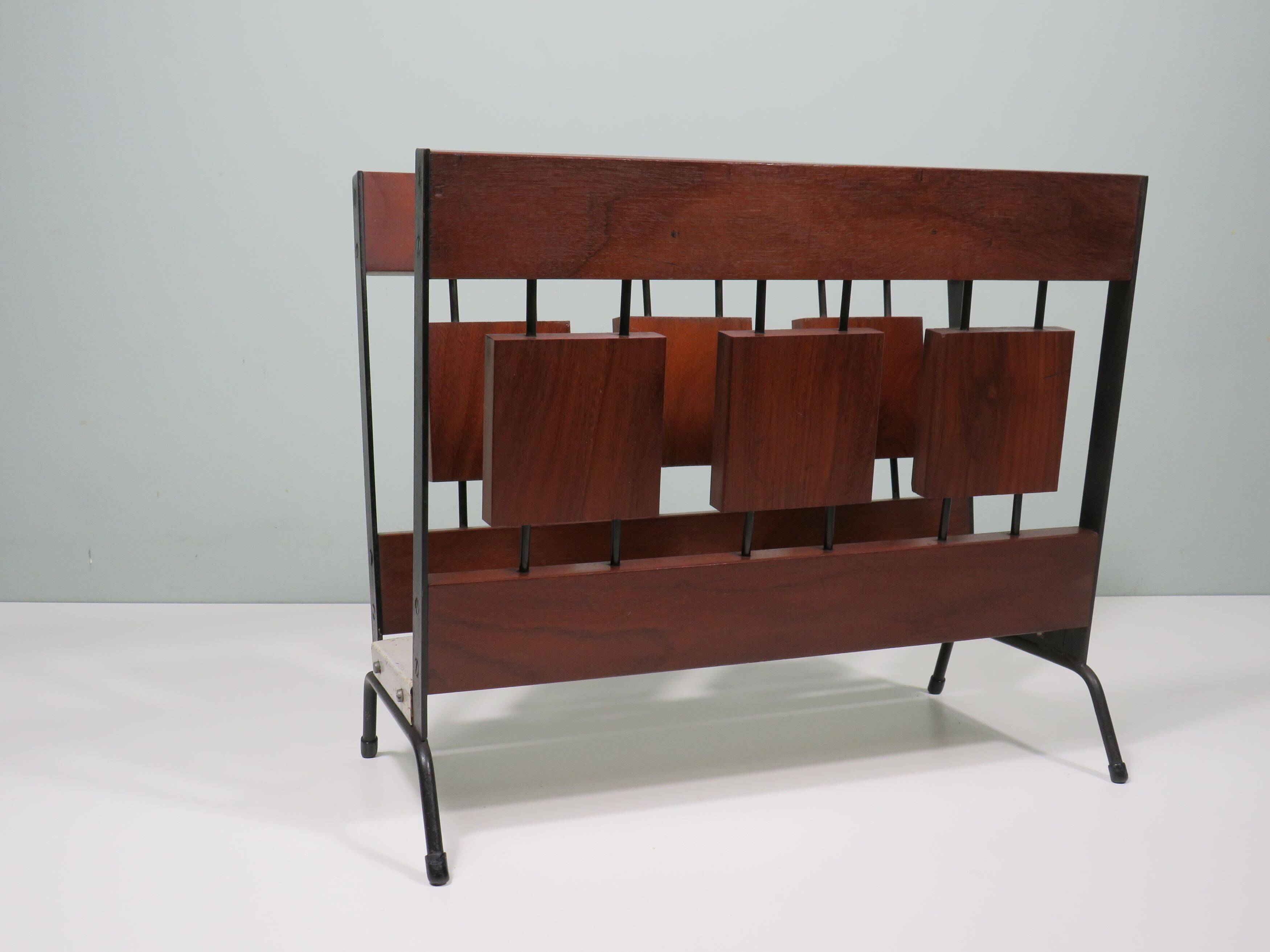 Vintage teak and metal magazine rack, Netherlands 1960-1970