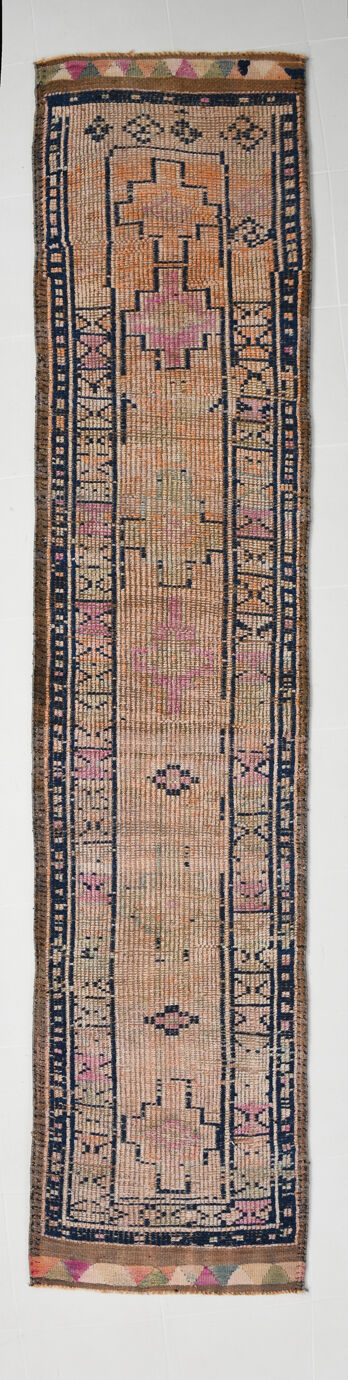 Pale orange & navy blue vintage runner rug 78x357cm