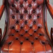 Red cowhide leather English Chesterfield armchair combined with wood