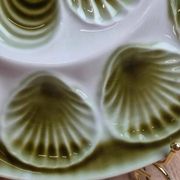 Vintage green earthenware oyster platter – probably Saint-Amand – 35.5 cm