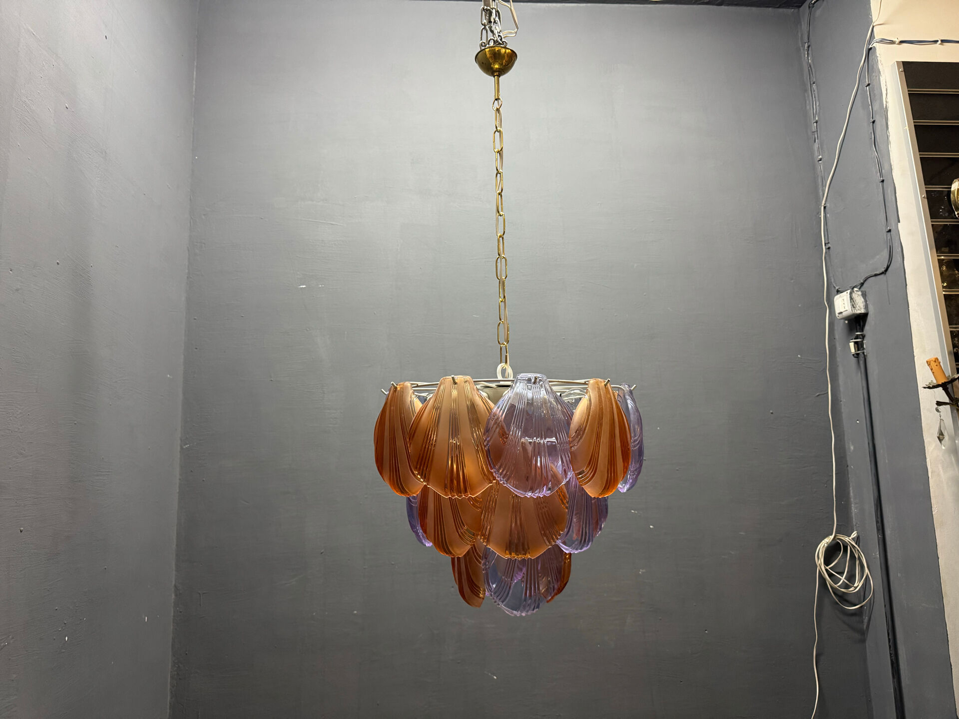 1980s Retro Murano Glass Shell Chandelier in Amber and Lavender, Italy