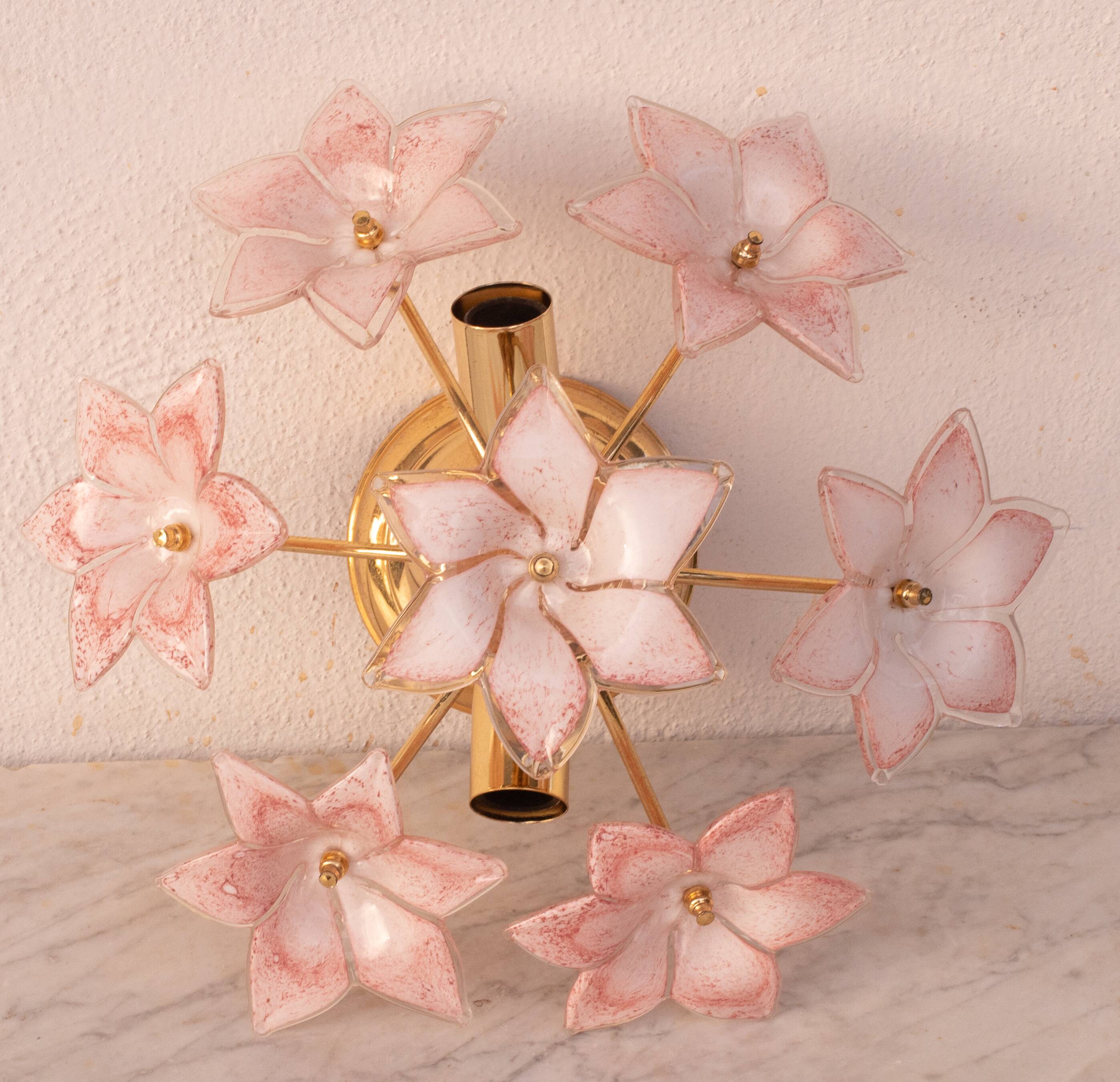 Lovely Murano Vintage Ceiling Light Pink Flowers, 1970s