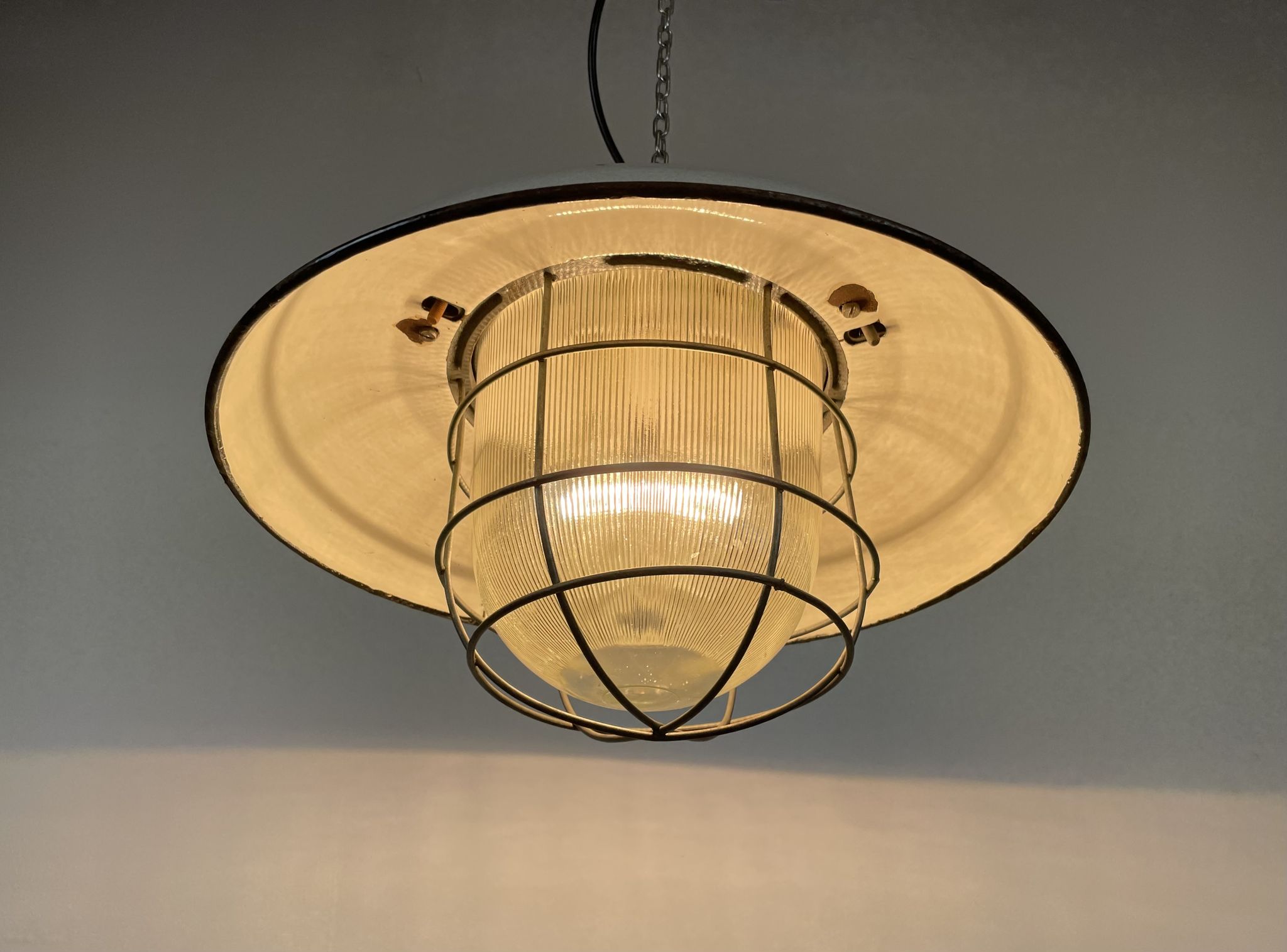 Industrial Grey Enamel Factory Cage Pendant Lamp in Cast Iron from Zaos, 1960s