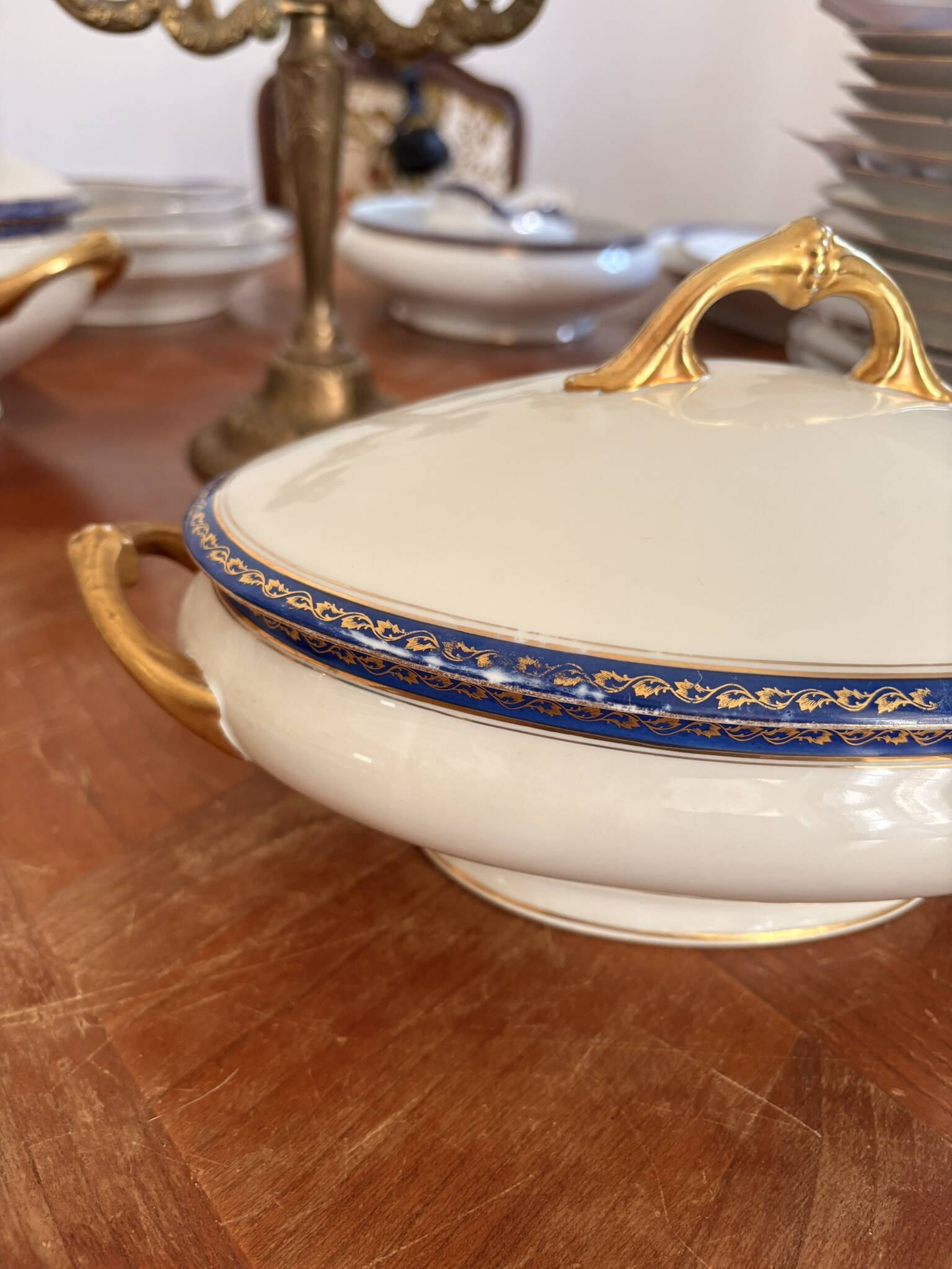 Small Soup Tureen Porcelain Limoges Blue Gold Betoule & Legrand France 1/2