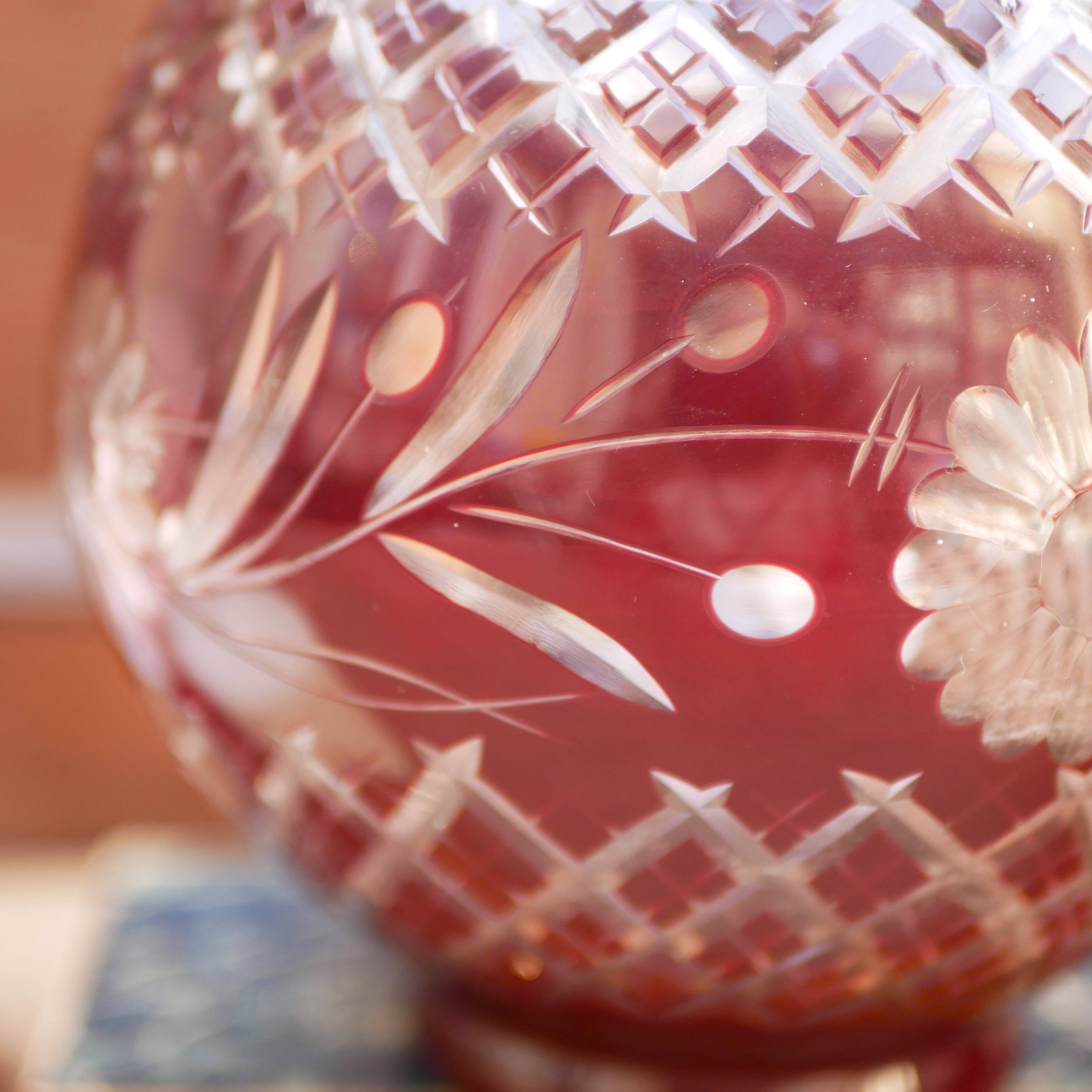 Burgundy cut glass vase or candle holder