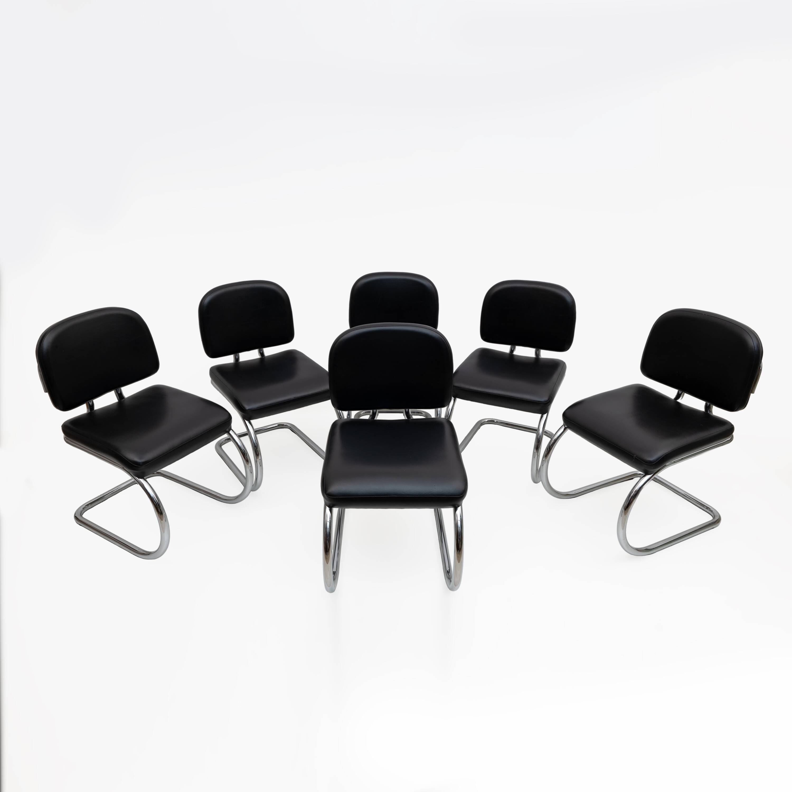 Six of Leatherette and Metal Chromed Cantilever Dining Chairs