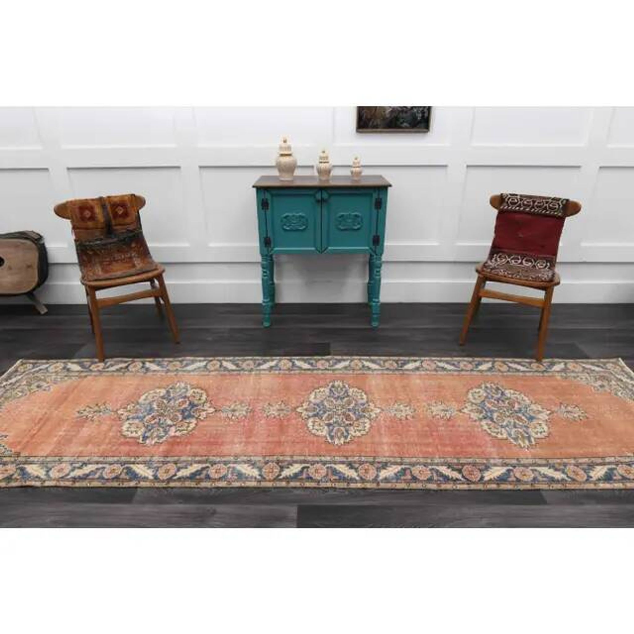 Vintage Turkish Oushak handmade wool cotton red runner rug 94x335