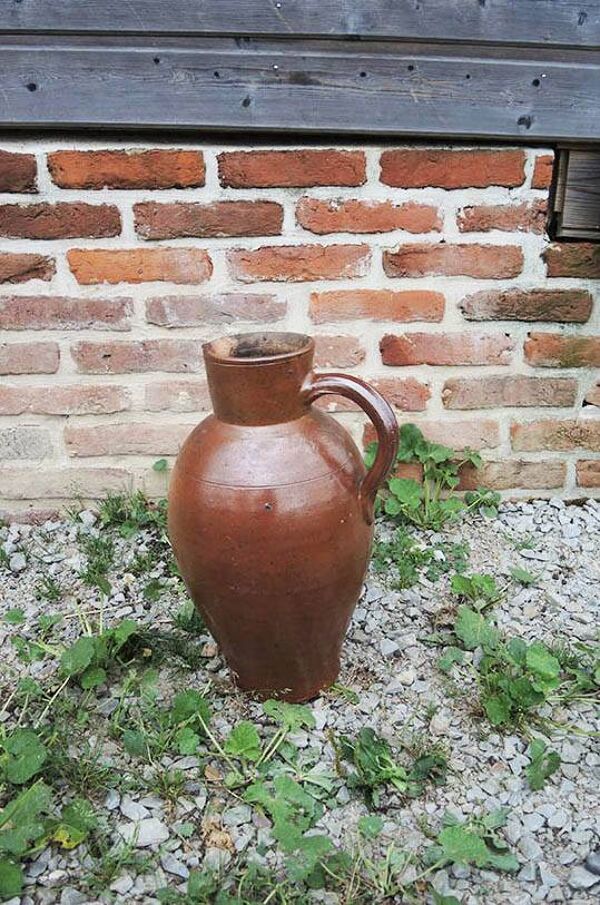 Ancien Grand Broc en Grès Vernissé Marron H 42 cm