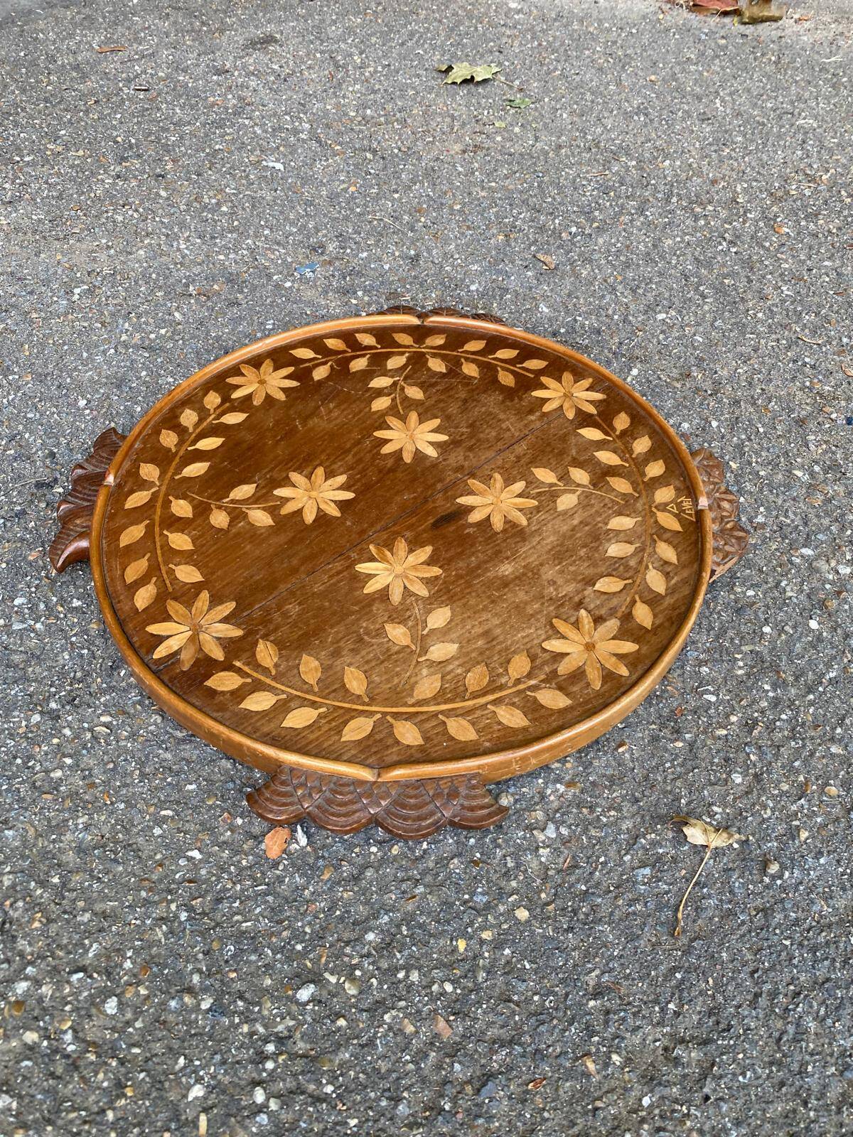 Vintage round art deco breakfast tray in solid wood 1950