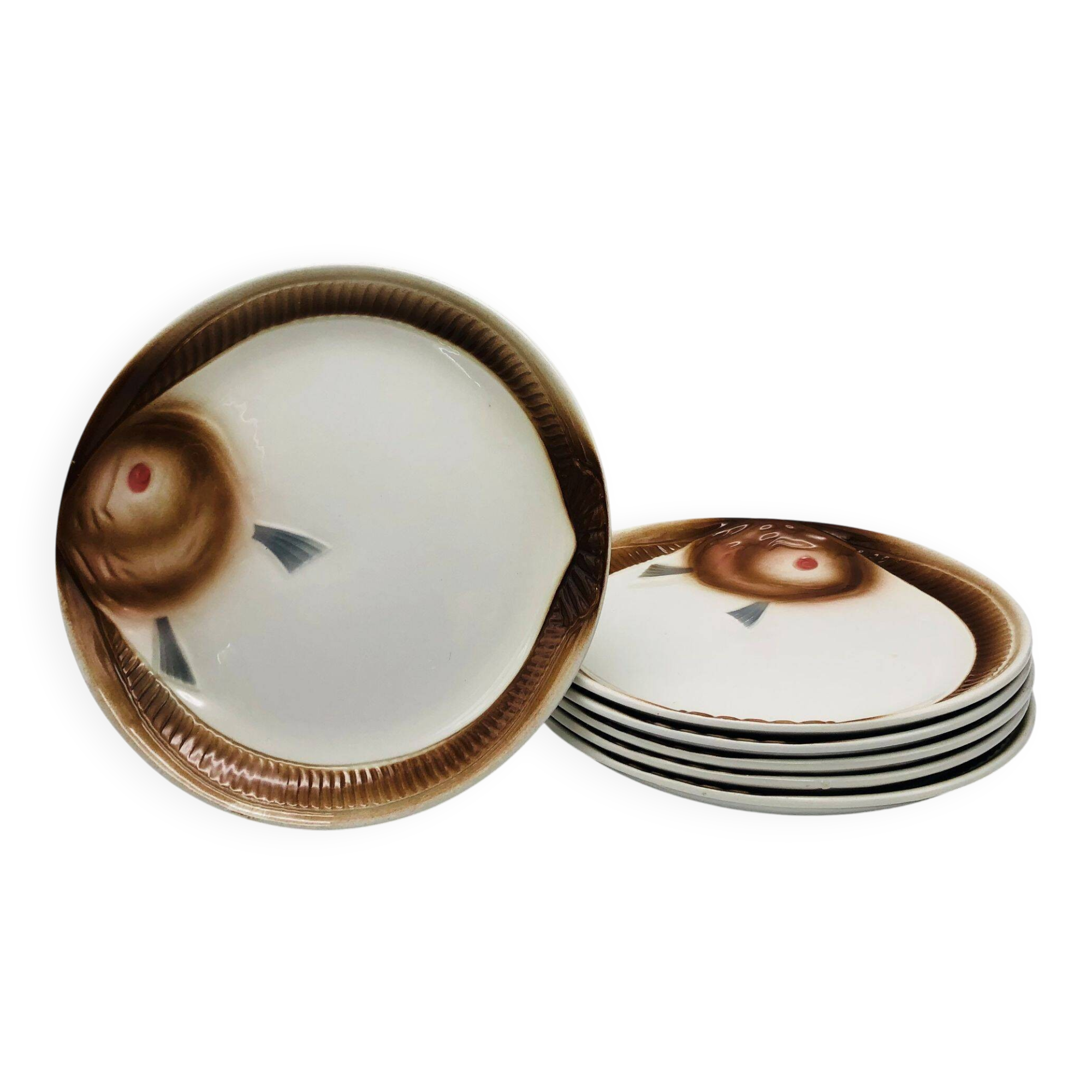 6 Fish plates, Orchies earthenware Moulin des Loups.