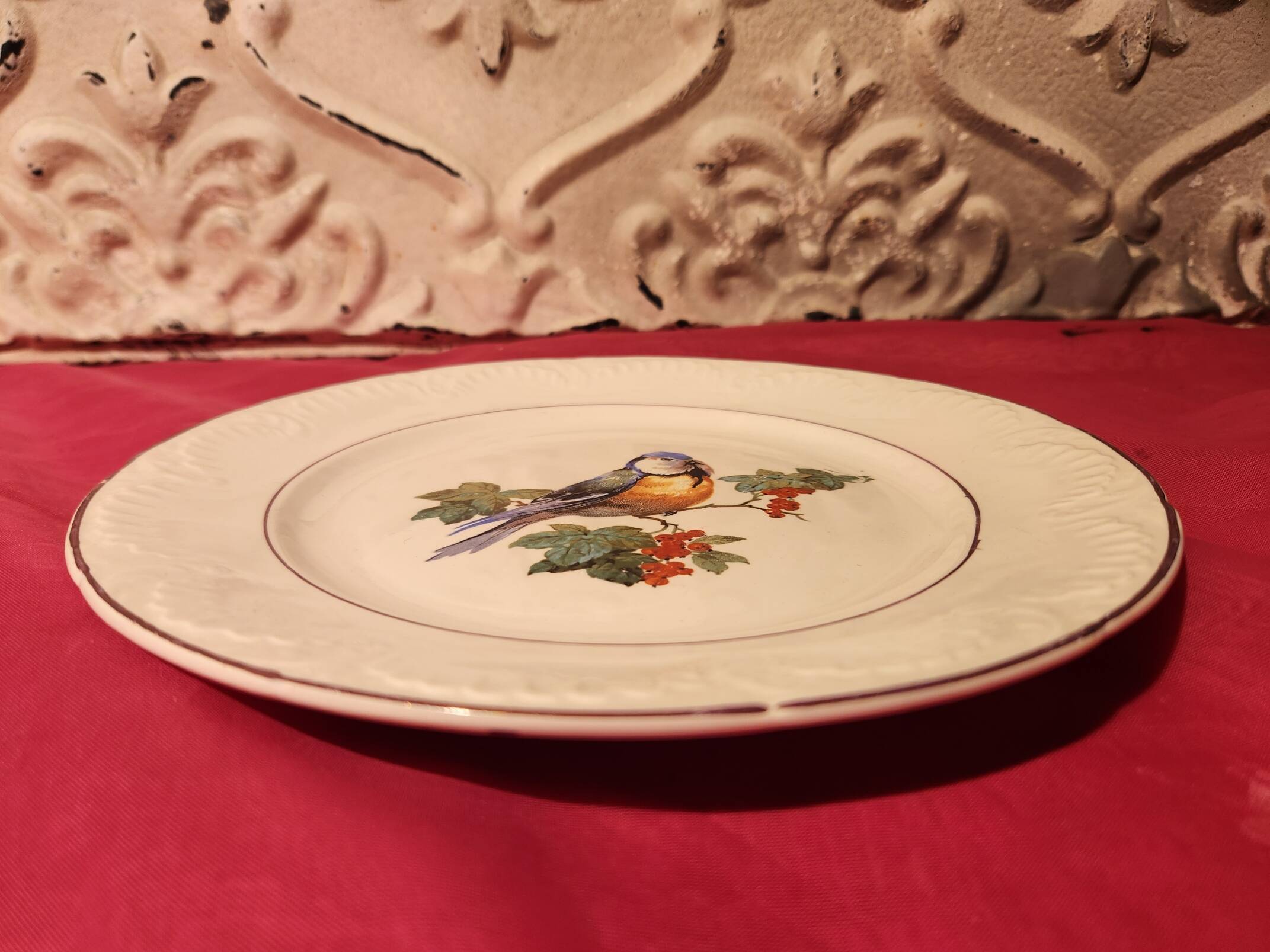 6 dessert plates Digoin Sarreguemines with coloured bird design.