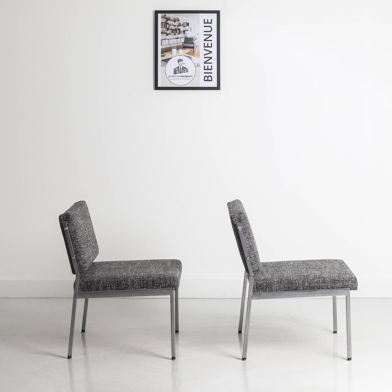 Pair of vintage armchairs in metal and gray fabric, renovated