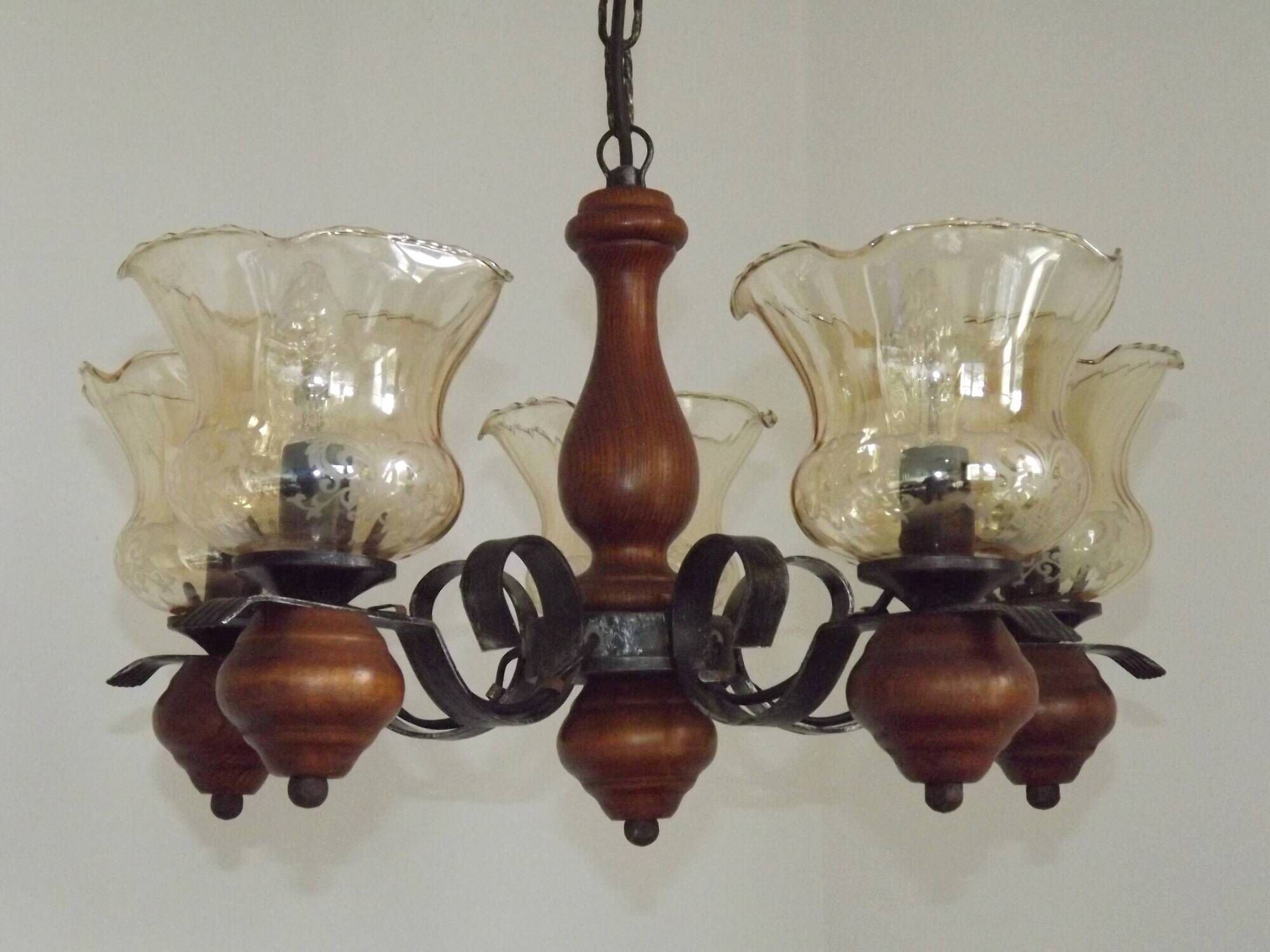 French 5 Light Mid Century Chandelier Wood Metal & Patterned Glass Shades