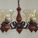 French 5 Light Mid Century Chandelier Wood Metal & Patterned Glass Shades