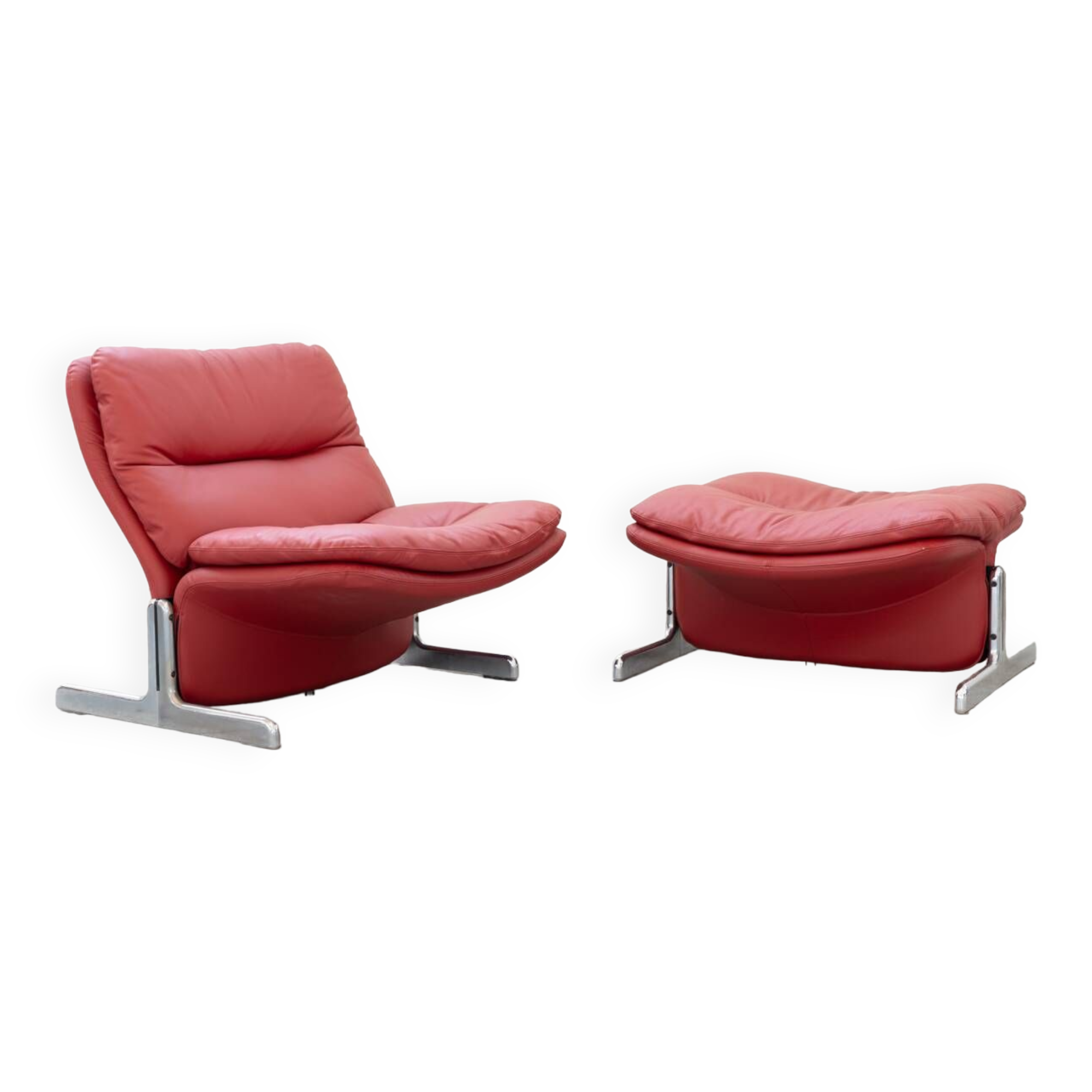 Fauteuil et pouf en cuir rouge, Vitelli et Ammannati, pour Brunati 70/80