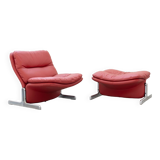 Armchair and pouf in red leather, Vitelli and Ammannati, for Brunati 70/80