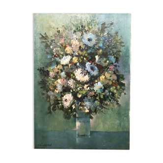 Huile sur toile intitulée « Le Bouquet Bleu » et signé Marcel Depré (1919 - 1990)