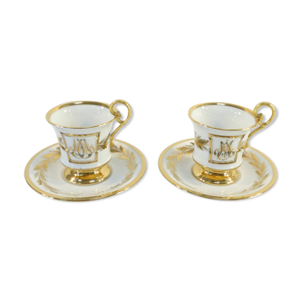 Paire de tasses style Empire sur piedouche en porcelaine de Limoges