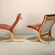 Pair Ingmar Relling Siesta Lounge Chairs in Beech and Burgundy Leather
