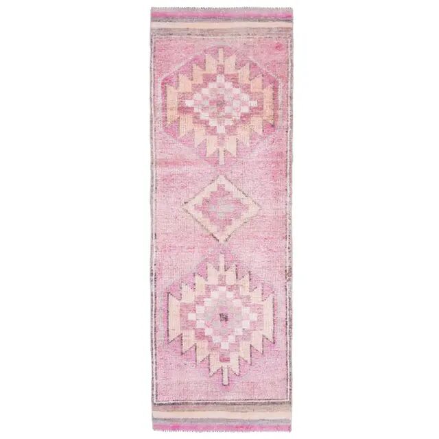 Vintage Turkish Hand-Knotted Wool Cotton Pink Runner Rug 91x288