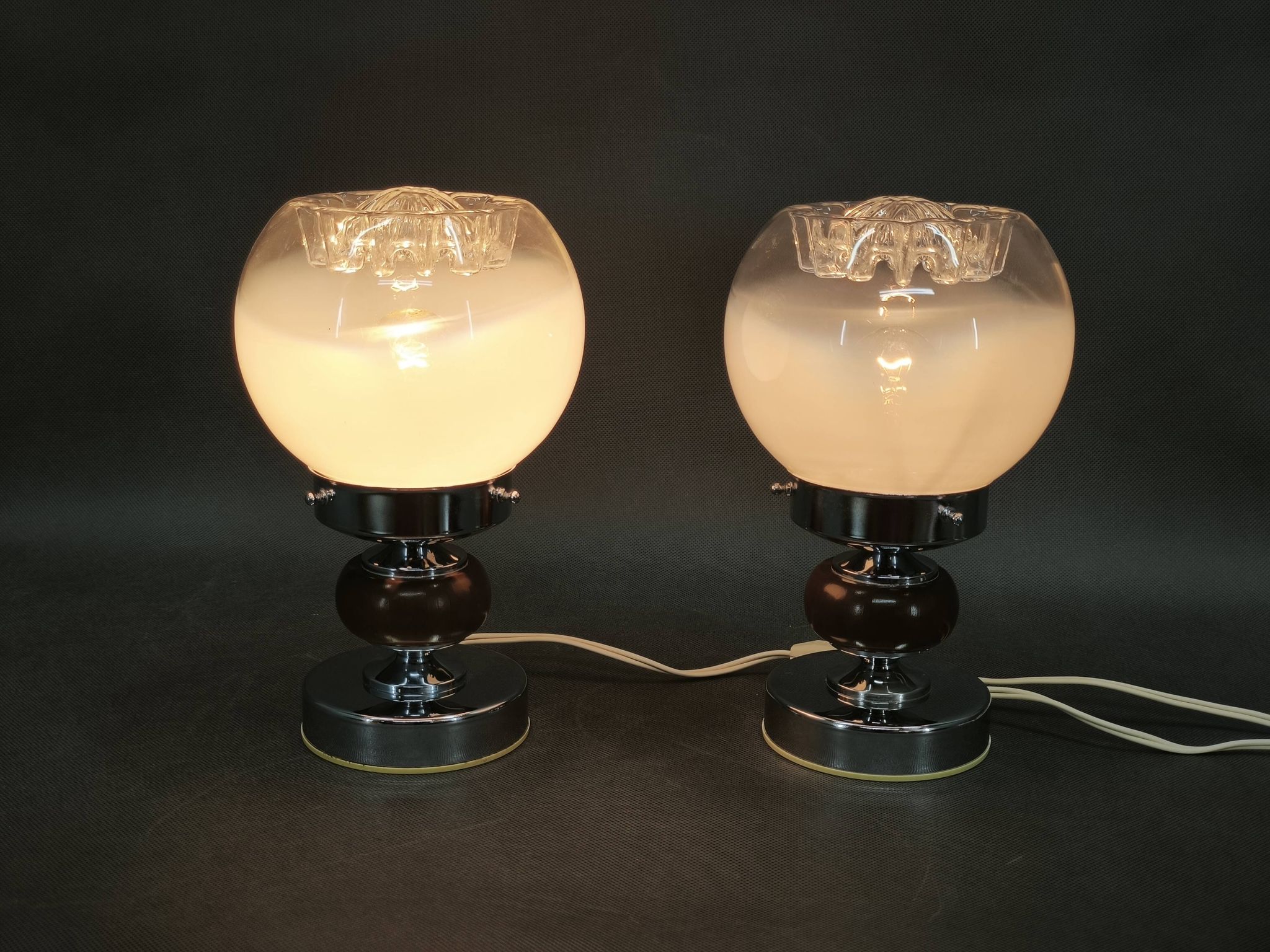 Pair of 1960s Italian Murano Glass, Chrome and Wood Table Lamps