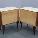 Pair of mid-century Italian walnut nightstands with glass top, 1950s