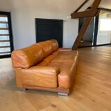 Vintage 3-seater sofa Gérard Guermonprez fawn and stainless steel leather, France 1970