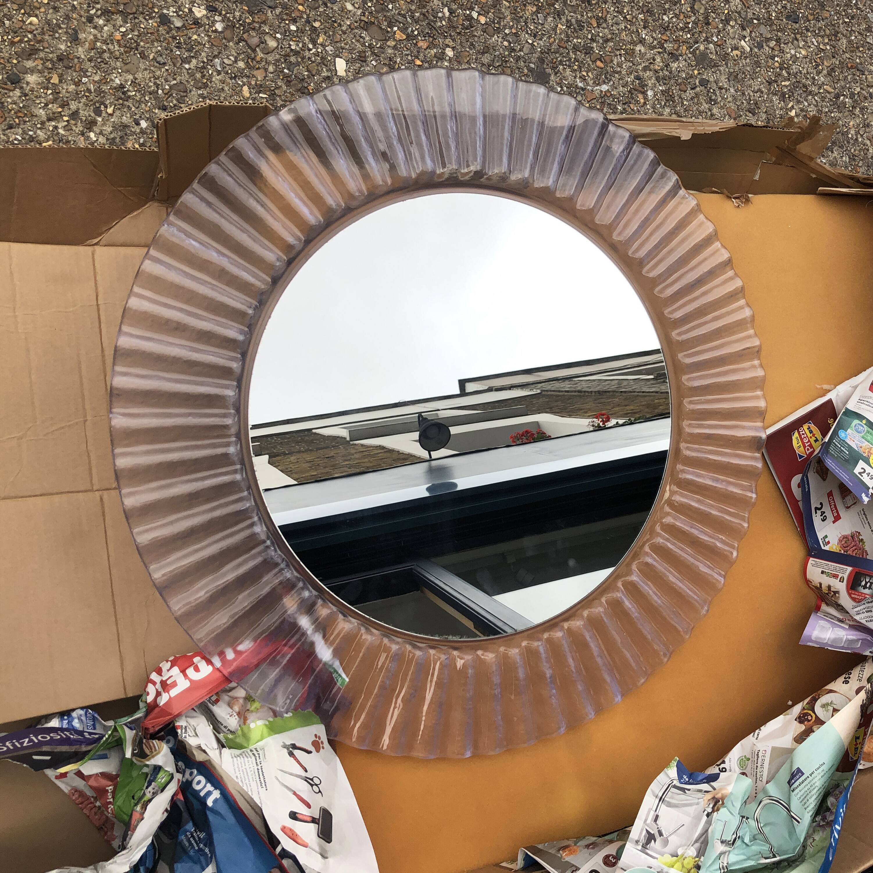 Acrylic Ice Wave Round Wall Mirror Italian 1970s Post-Modern 1980s Bathroom