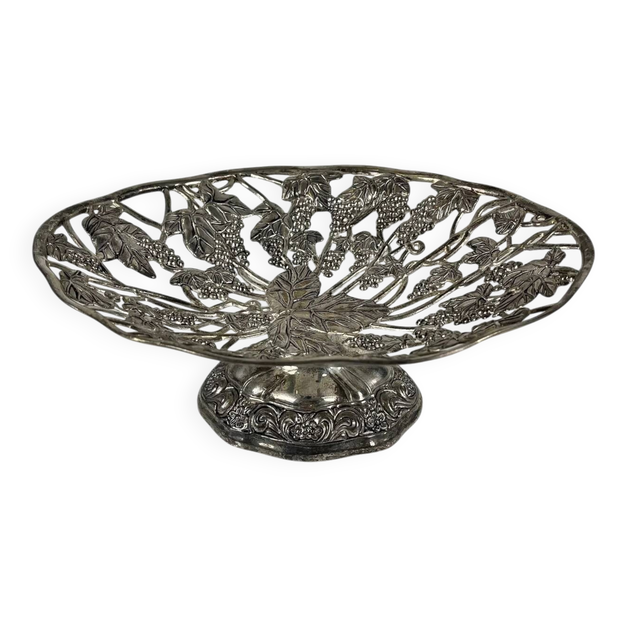 Openwork metal bowl with vine leaf and grape motif, 20th century